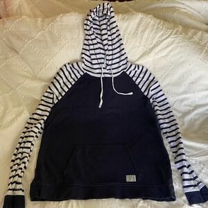 Orvis nautical sweatshirt shirt large long sleeve stripes navy and white hooded